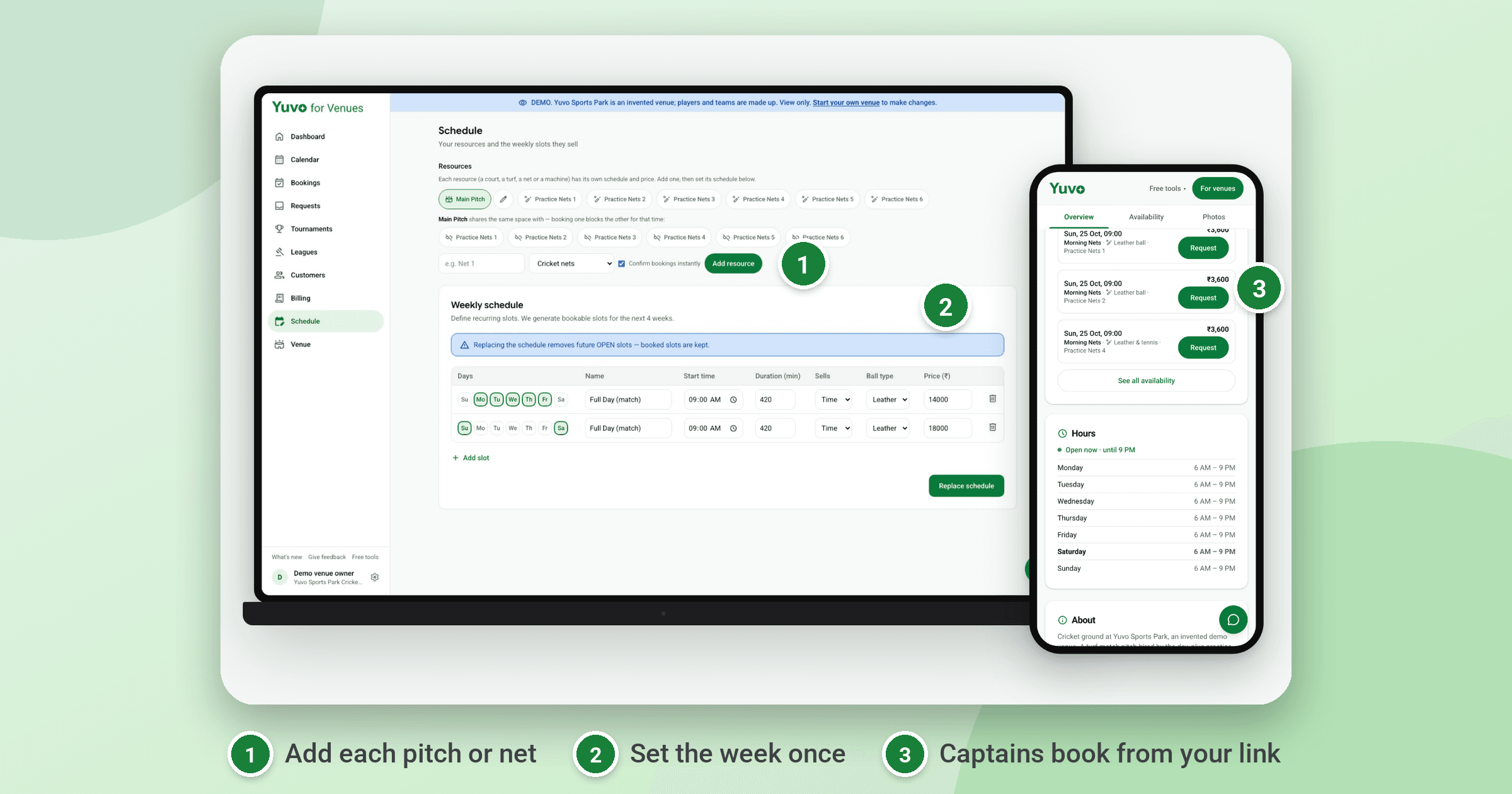 Laptop weekly schedule and phone booking page of the invented venue Yuvo Sports Park, numbered: add each pitch, set the week, book from your link.