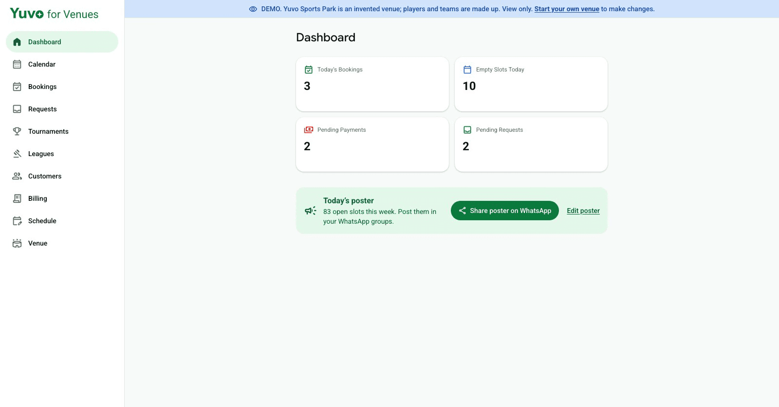 Yuvo for Venues dashboard for the invented venue Yuvo Sports Park, with today's bookings, empty slots and a Share poster on WhatsApp card.