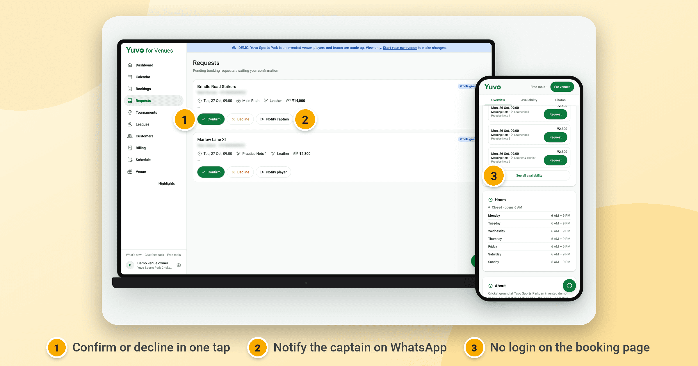 Laptop with the owner's request inbox and a phone with the public booking page, for the invented venue Yuvo Sports Park, numbered.